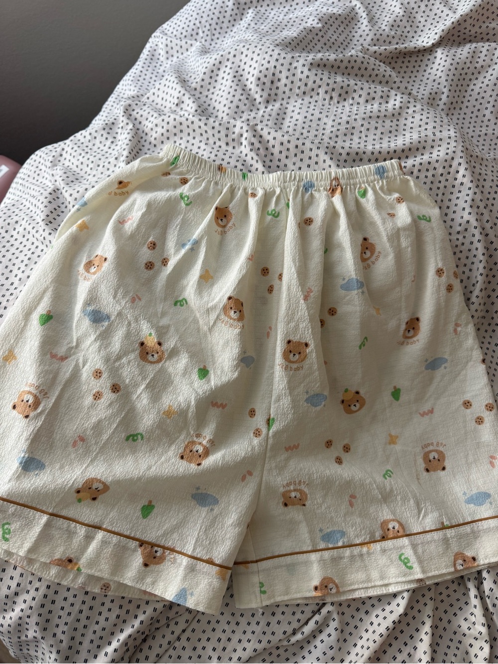Cream Bear Print Cotton Lounge Shorts